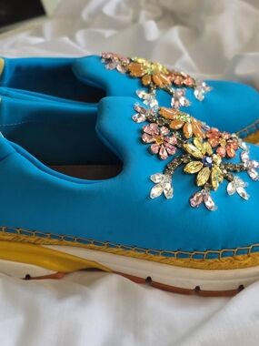 Dolce & Gabbana Turquoise Jeweled Slip-On Mules with Yellow Trim